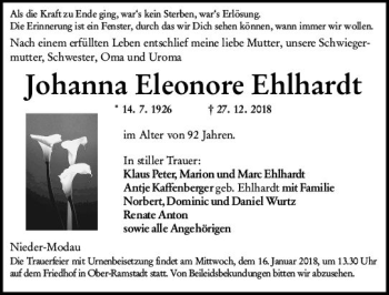 Traueranzeige von Johanna Eleonore Ehlhardt von vrm-trauer