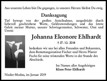 Traueranzeige von Johanna Eleonore Ehlhardt von vrm-trauer