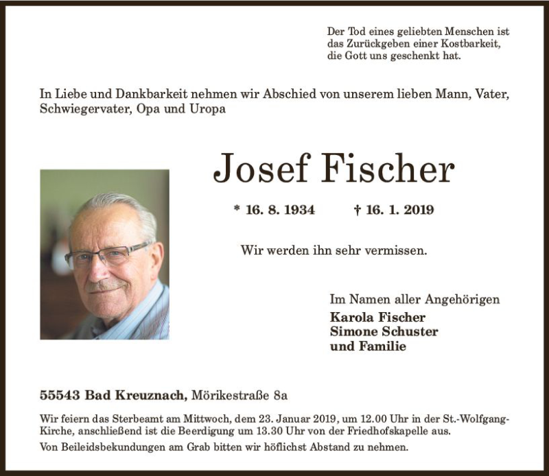  Traueranzeige für Josef Fischer vom 19.01.2019 aus vrm-trauer