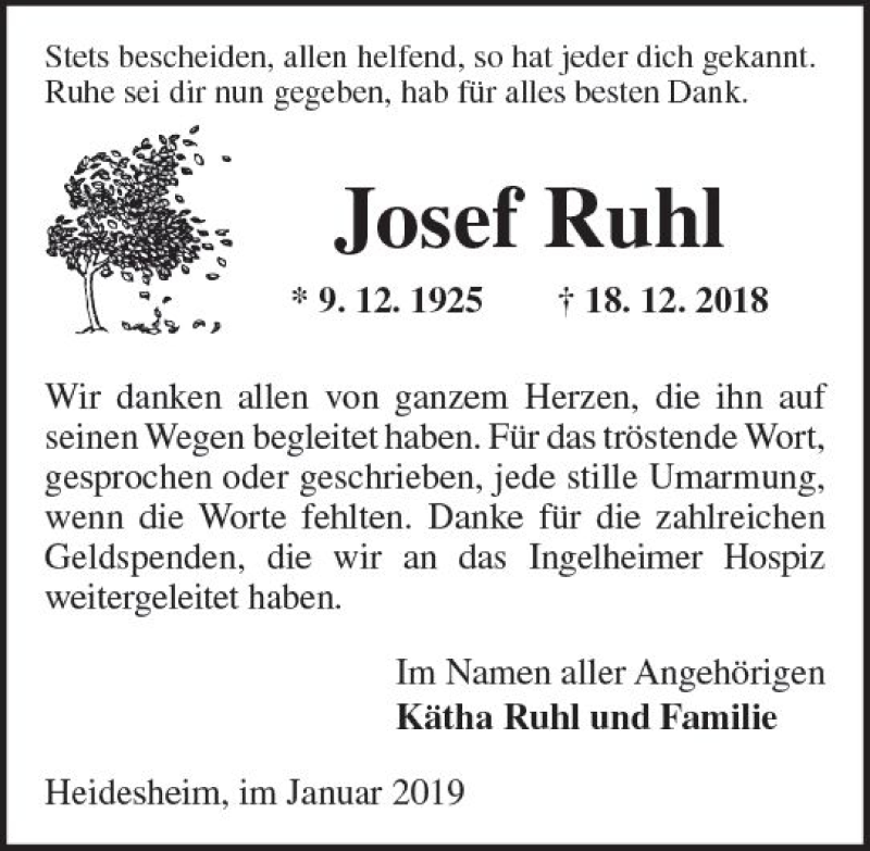  Traueranzeige für Josef Ruhl vom 26.01.2019 aus vrm-trauer