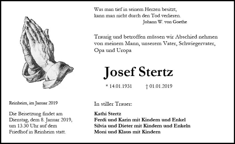  Traueranzeige für Josef Stertz vom 05.01.2019 aus vrm-trauer