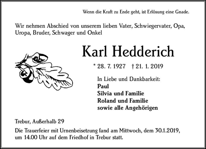  Traueranzeige für Karl Hedderich vom 31.01.2019 aus vrm-trauer