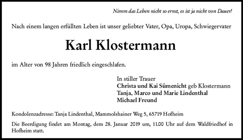  Traueranzeige für Karl Klostermann vom 25.01.2019 aus vrm-trauer