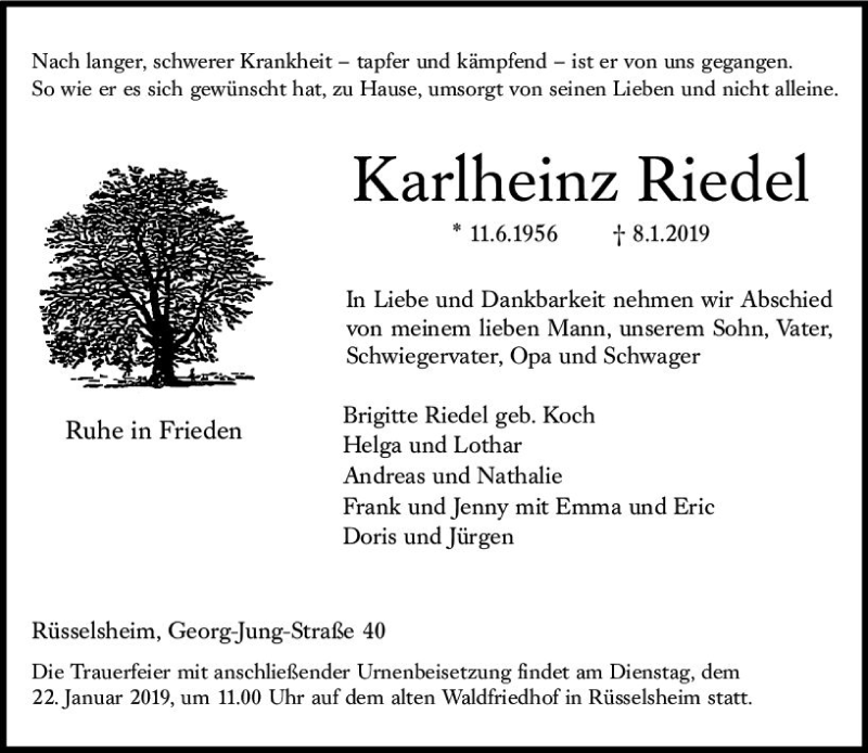  Traueranzeige für Karlheinz Riedel vom 12.01.2019 aus vrm-trauer
