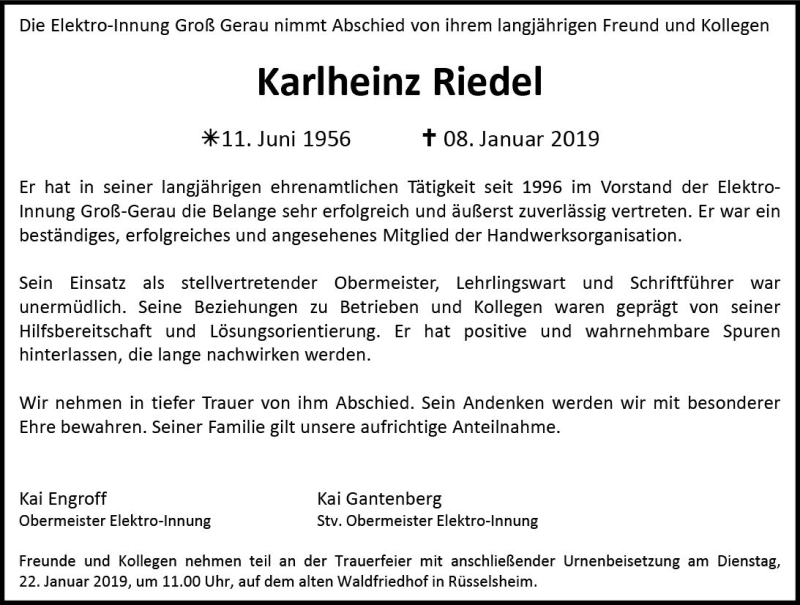  Traueranzeige für Karlheinz Riedel vom 19.01.2019 aus vrm-trauer