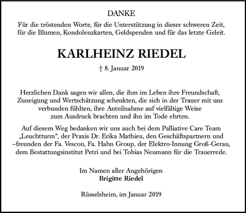  Traueranzeige für Karlheinz Riedel vom 26.01.2019 aus vrm-trauer