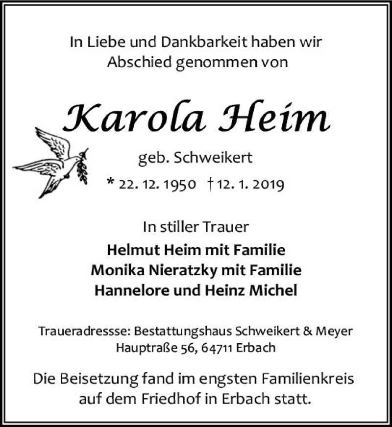  Traueranzeige für Karola Heim vom 26.01.2019 aus vrm-trauer