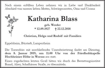 Traueranzeige von Katharina Blass von vrm-trauer