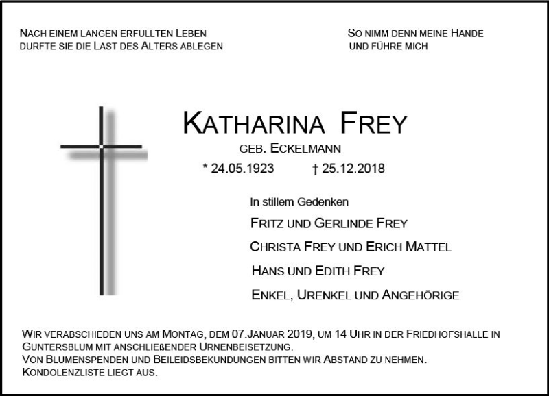  Traueranzeige für Katharina Frey vom 04.01.2019 aus vrm-trauer
