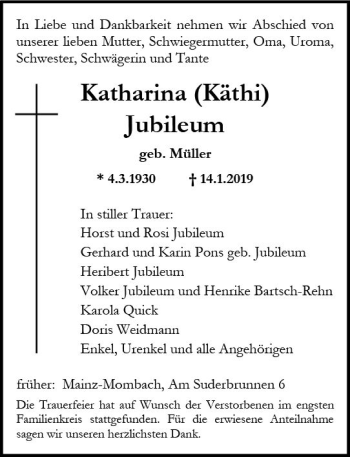Traueranzeige von Katharina Jubileum von vrm-trauer