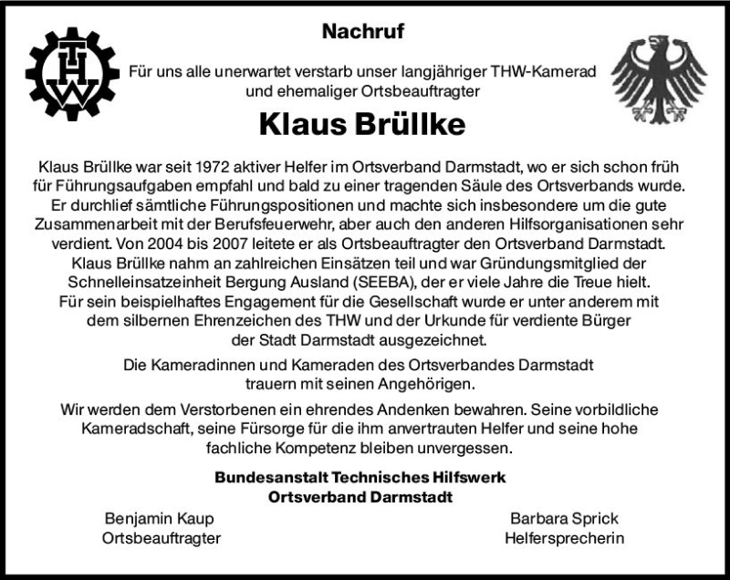  Traueranzeige für Klaus Brüllke vom 19.01.2019 aus vrm-trauer