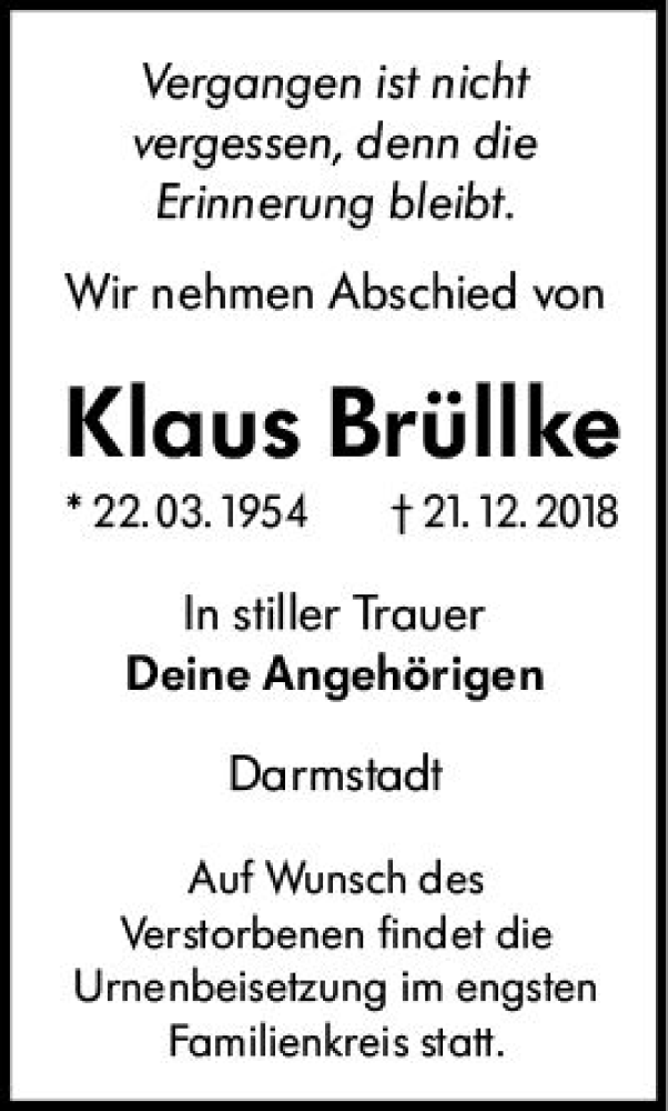  Traueranzeige für Klaus Brüllke vom 12.01.2019 aus vrm-trauer