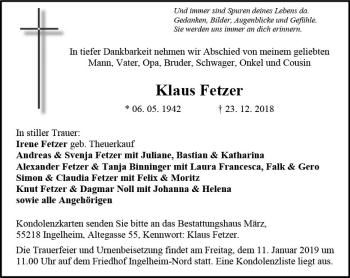 Traueranzeige von Klaus Fetzer von vrm-trauer