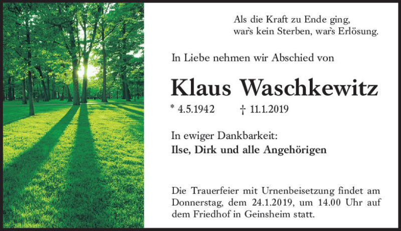  Traueranzeige für Klaus Waschkewitz vom 21.01.2019 aus vrm-trauer
