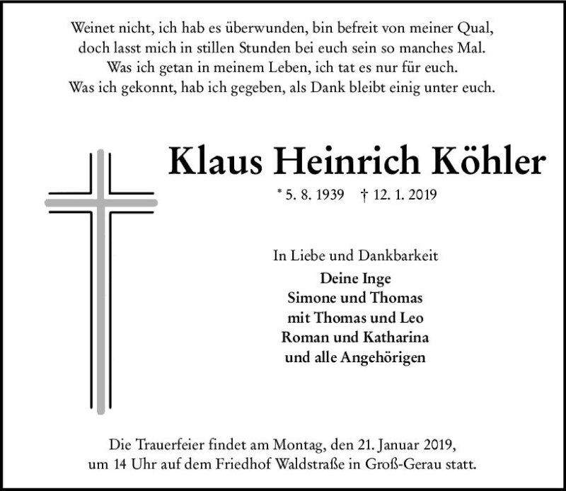  Traueranzeige für Klaus Heinrich Köhler vom 16.01.2019 aus vrm-trauer