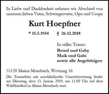 Traueranzeige von Kurt Hoepfner von vrm-trauer