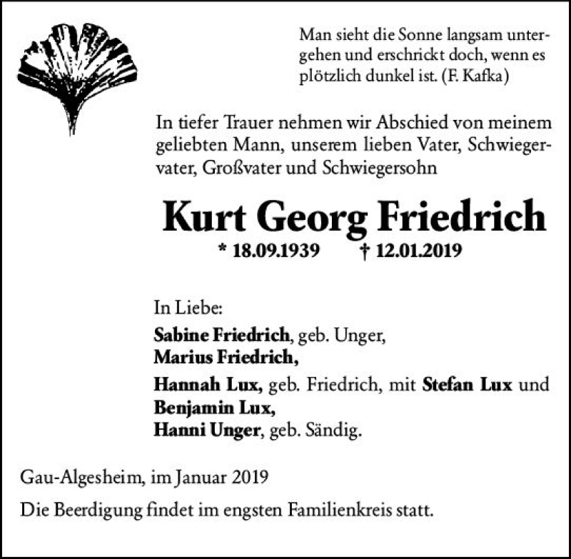  Traueranzeige für Kurt Georg Friedrich vom 21.01.2019 aus vrm-trauer