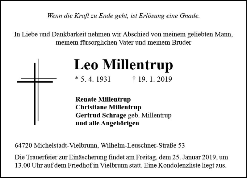  Traueranzeige für Leo Millentrup vom 23.01.2019 aus vrm-trauer
