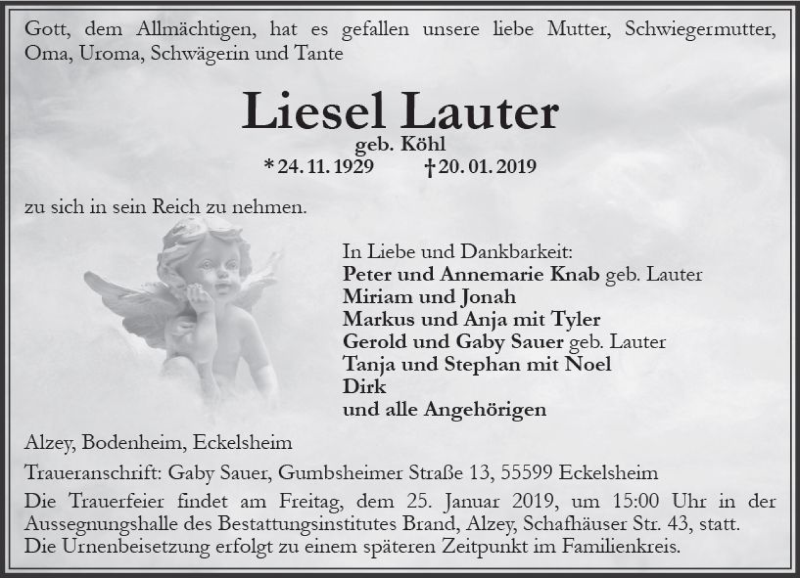 Traueranzeige für Liesel Lauter vom 22.01.2019 aus vrm-trauer
