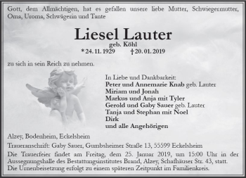 Traueranzeige von Liesel Lauter von vrm-trauer