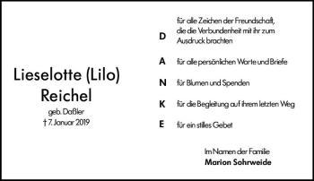 Traueranzeige von Lieselotte Reichel von vrm-trauer