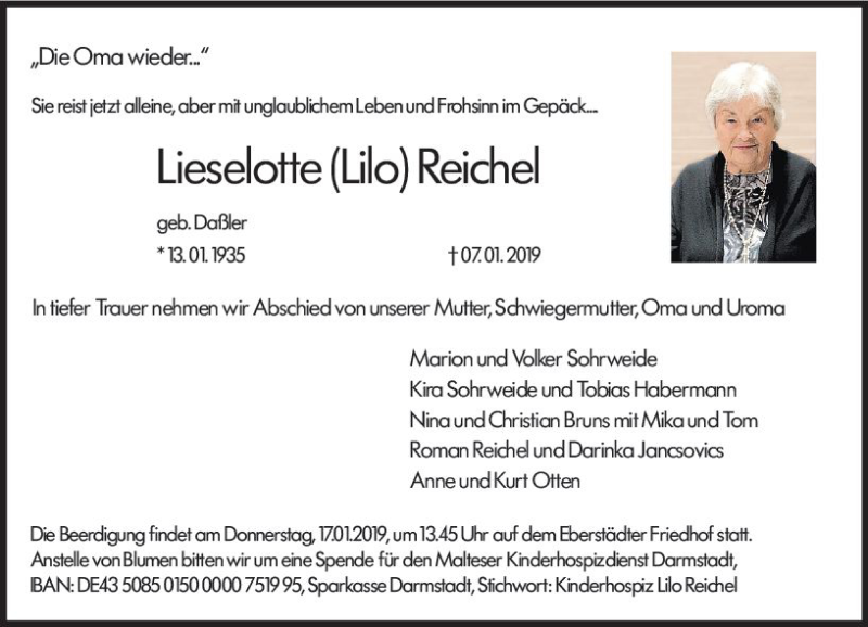  Traueranzeige für Lieselotte Reichel vom 12.01.2019 aus vrm-trauer