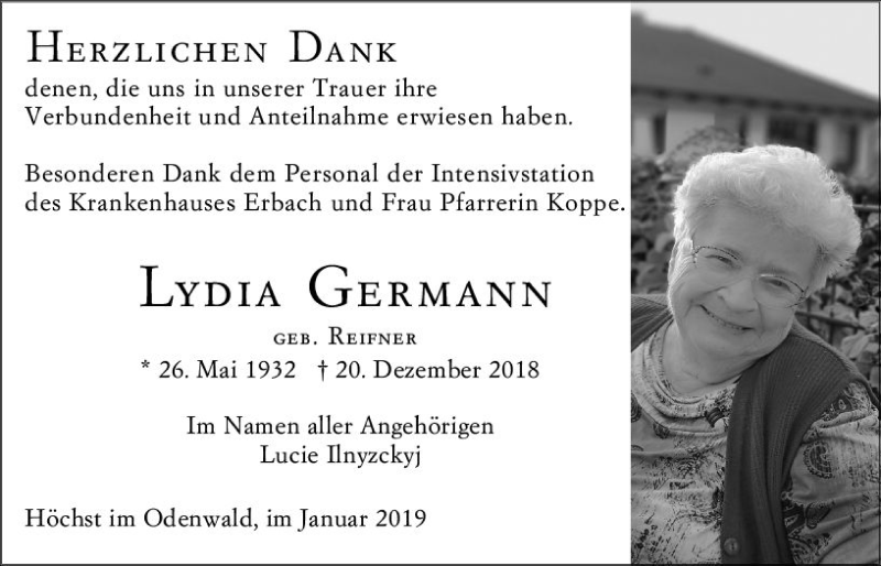  Traueranzeige für Lydia Germann vom 12.01.2019 aus vrm-trauer