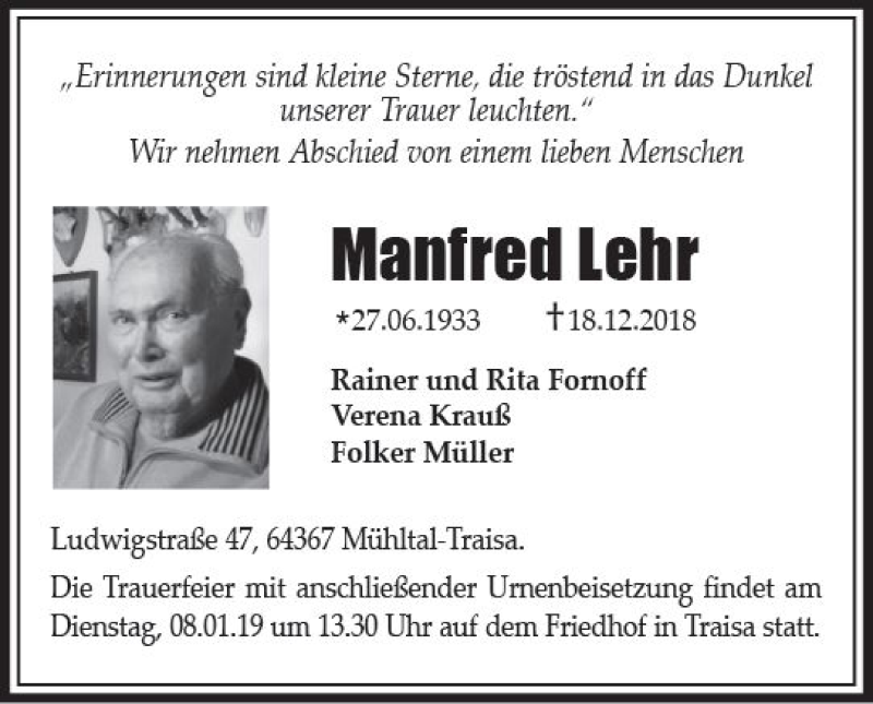 Traueranzeige für Manfred Lehr vom 05.01.2019 aus vrm-trauer