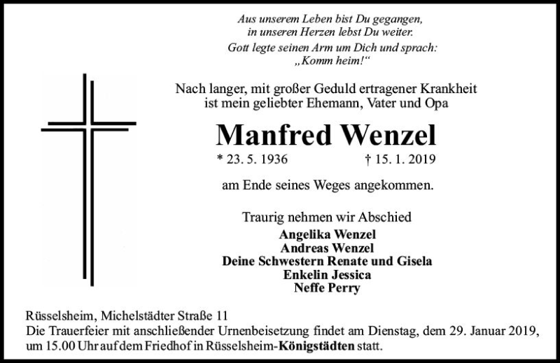  Traueranzeige für Manfred Wenzel vom 19.01.2019 aus vrm-trauer