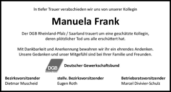 Traueranzeige von Manuela Frank von vrm-trauer