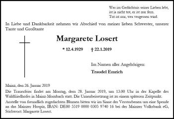 Traueranzeige von Margarete Losert von vrm-trauer