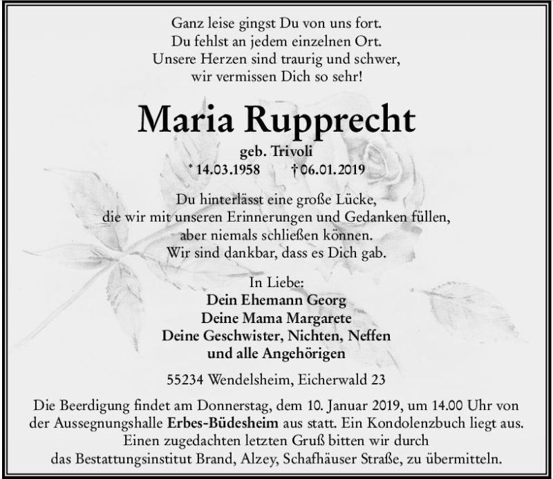  Traueranzeige für Maria Rupprecht vom 09.01.2019 aus vrm-trauer