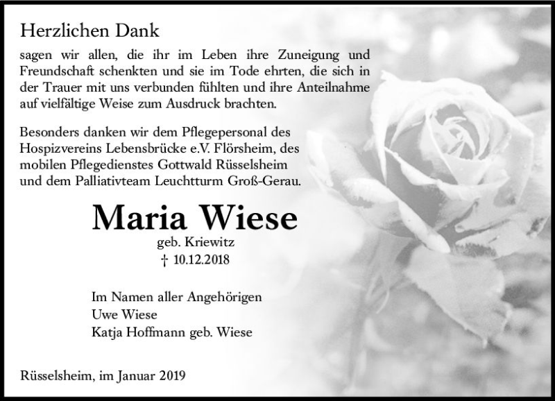  Traueranzeige für Maria Wiese vom 05.01.2019 aus vrm-trauer