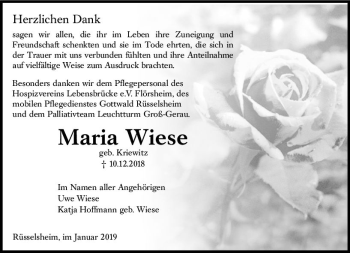 Traueranzeige von Maria Wiese von vrm-trauer