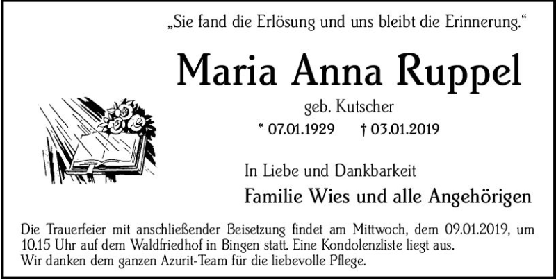  Traueranzeige für Maria Anna Ruppel vom 07.01.2019 aus vrm-trauer
