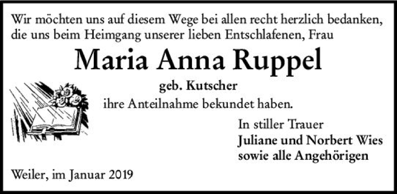  Traueranzeige für Maria Anna Ruppel vom 29.01.2019 aus vrm-trauer