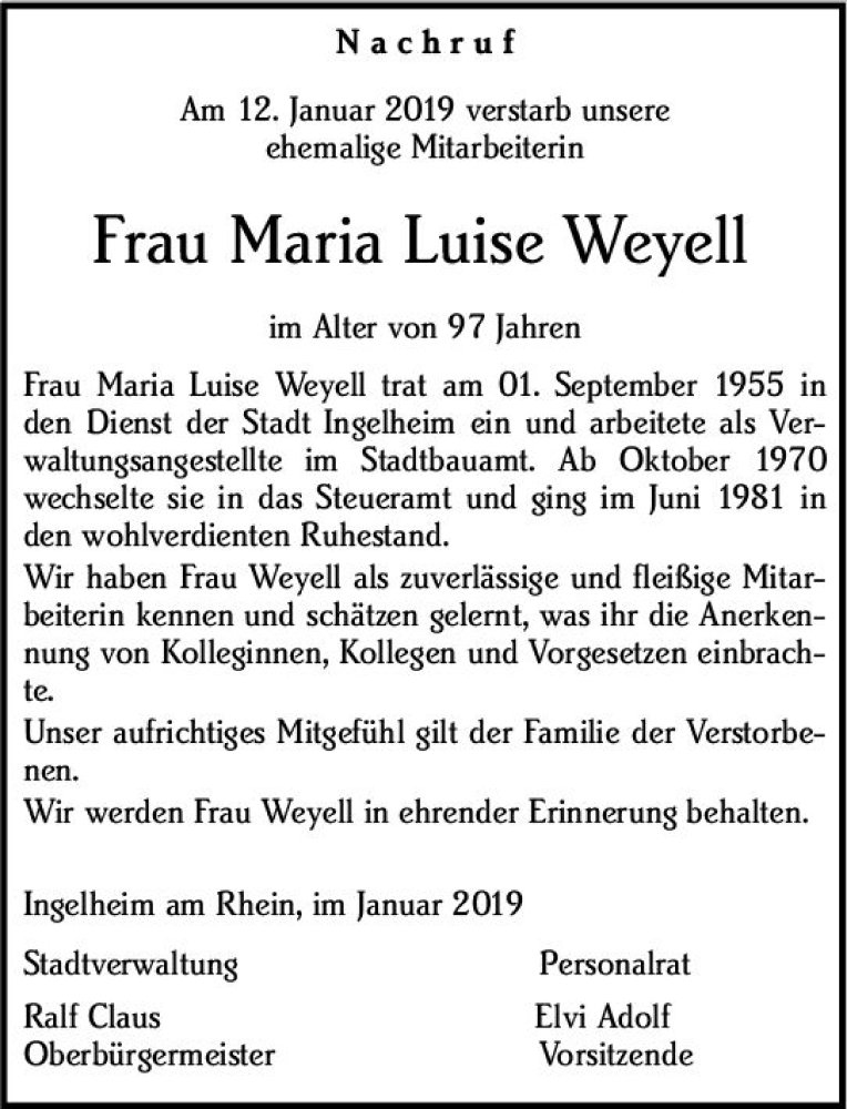  Traueranzeige für Maria Luise Weyell vom 18.01.2019 aus vrm-trauer