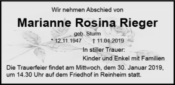 Traueranzeige von Marianne Rosina Rieger von vrm-trauer