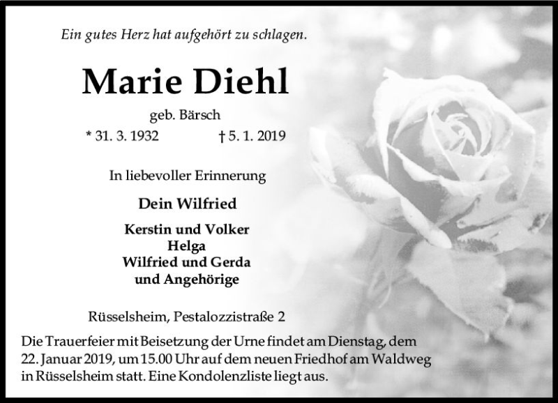  Traueranzeige für Marie Diehl vom 12.01.2019 aus vrm-trauer