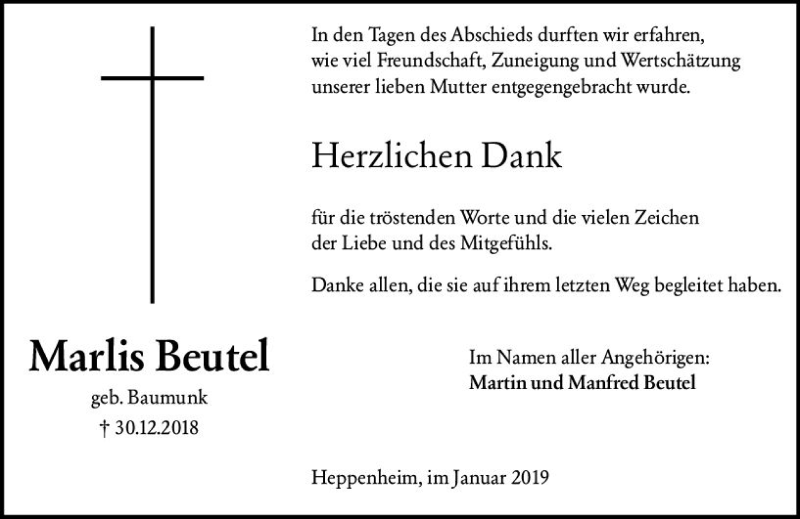  Traueranzeige für Marlis Beutel vom 12.01.2019 aus vrm-trauer