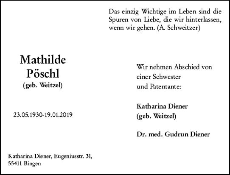  Traueranzeige für Mathilde Pöschl vom 31.01.2019 aus vrm-trauer