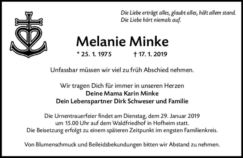  Traueranzeige für Melanie Minke vom 25.01.2019 aus vrm-trauer