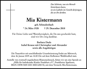 Traueranzeige von Mia Kistermann von vrm-trauer