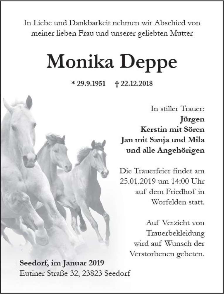  Traueranzeige für Monika Deppe vom 19.01.2019 aus vrm-trauer