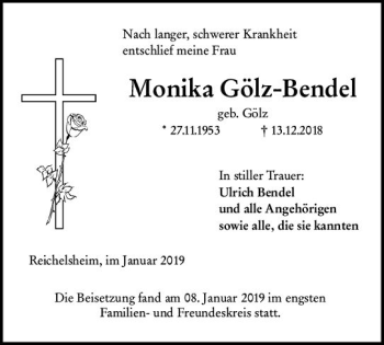 Traueranzeige von Monika Gölz-Bendel von vrm-trauer