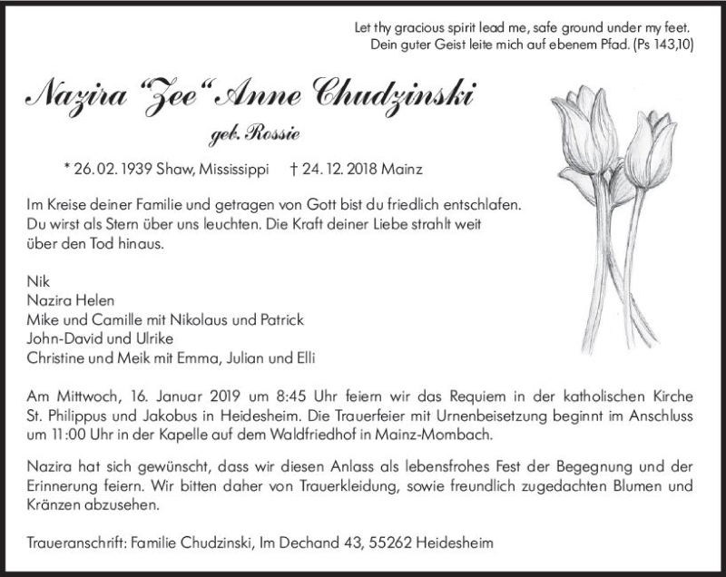  Traueranzeige für Nazira Anne Chudzinski vom 05.01.2019 aus vrm-trauer