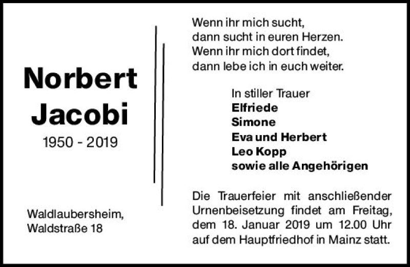  Traueranzeige für Norbert Jacobi vom 12.01.2019 aus vrm-trauer