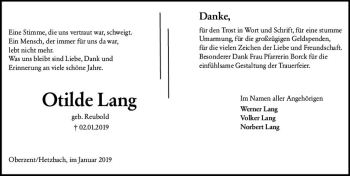 Traueranzeige von Otilde Lang von vrm-trauer