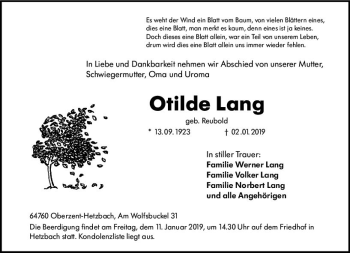 Traueranzeige von Otilde Lang von vrm-trauer