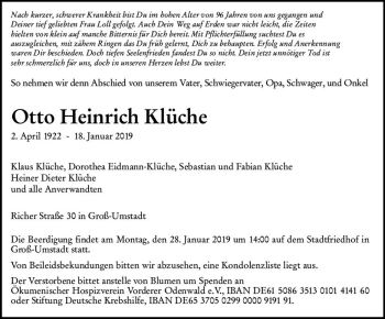 Traueranzeige von Otto Heinbrich Klüche von vrm-trauer